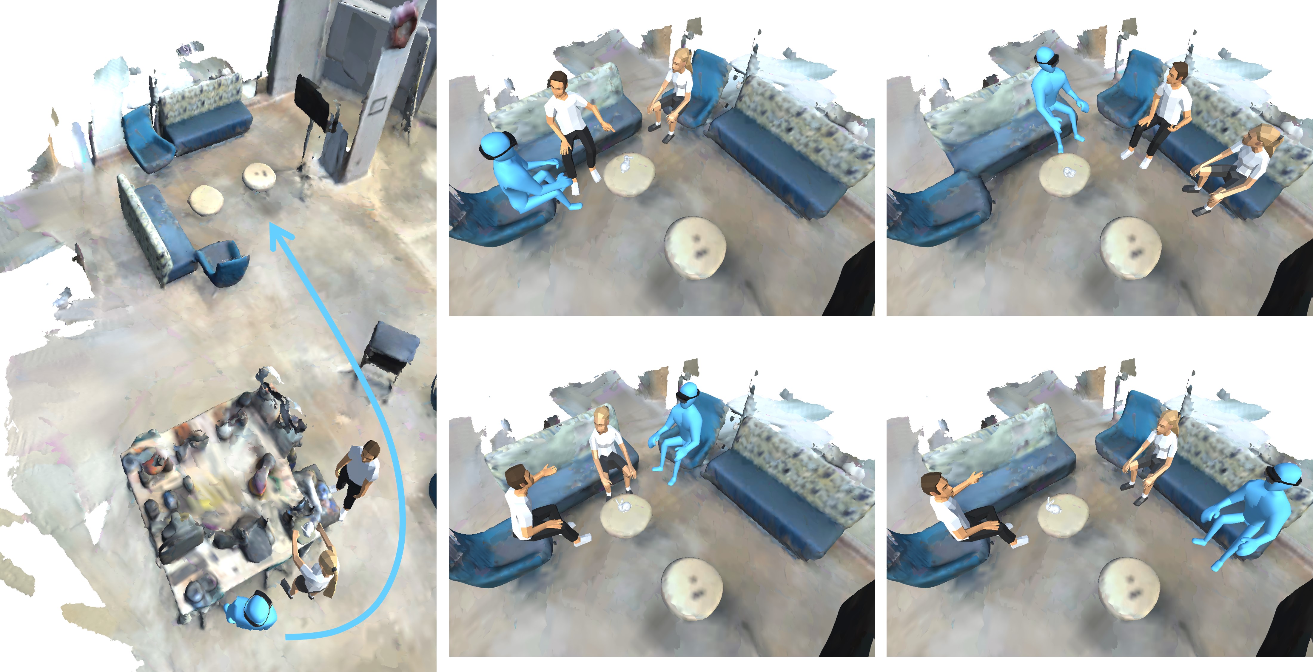 The virtual character's behaviors are adaptive to the action of the AR player (denoted by the blue avatar).